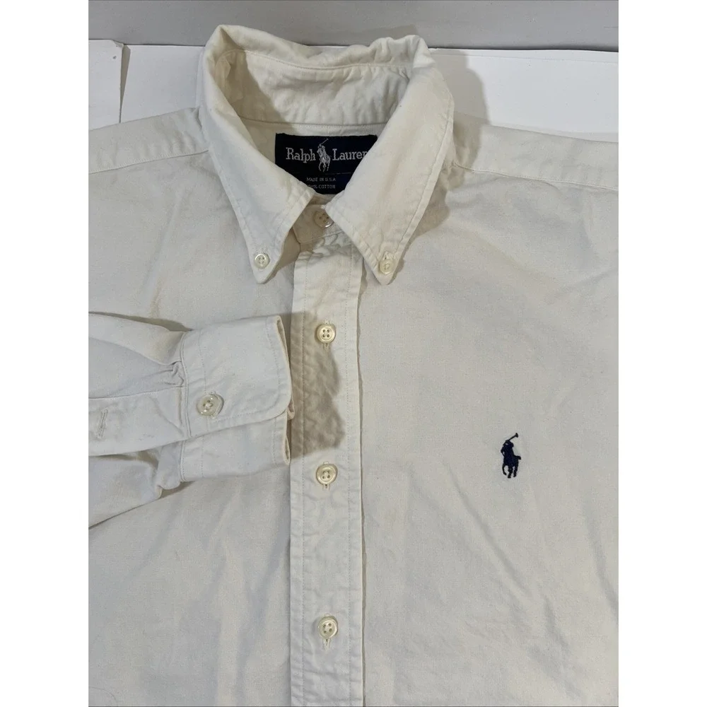 VINTAGE Polo Ralph Lauren Shirt Mens Large White Made USA Heavy Twill Button 90s